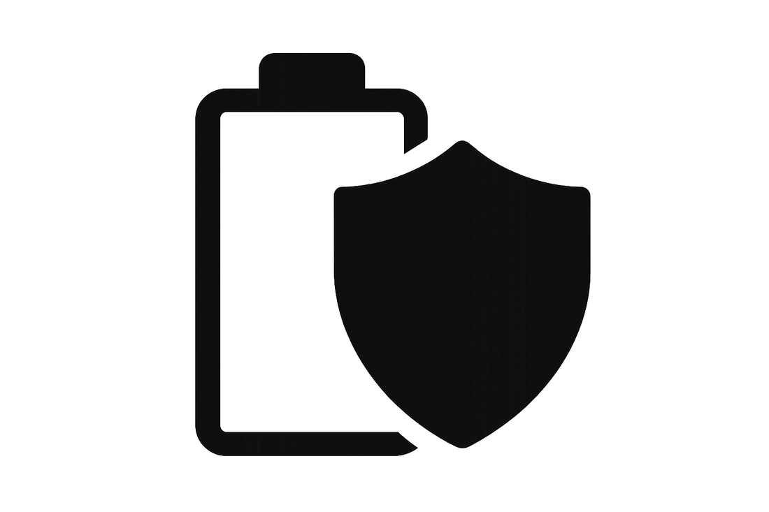 Minimalist black PNG icon of a battery with a shield, transparent background. no text