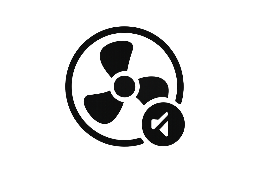 Minimalist black PNG icon of a cooling fan with three blades inside a circular frame, with a small “mute” symbol (speaker with slash) partially overlaying the fan to indicate silence, modern flat style, transparent background.