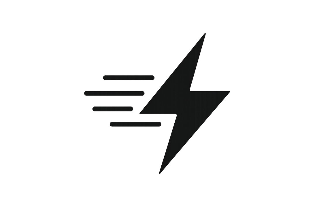 Minimalist black PNG icon of a lightning bolt with turbo speed lines, transparent background no text