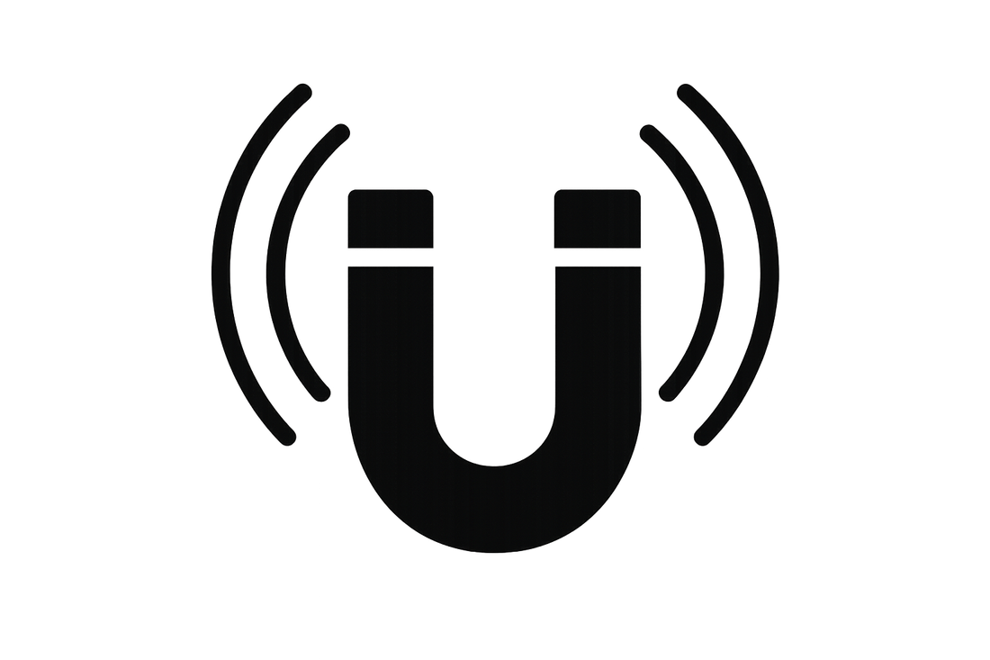 Minimalist black PNG icon of a magnet with strong field lines, transparent background no text