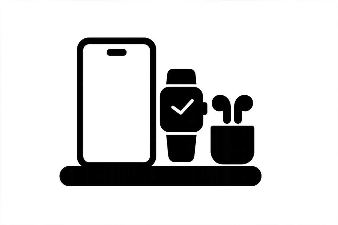 Minimalist black PNG icon of phone, watch, and earbuds charging together, transparent background. no text